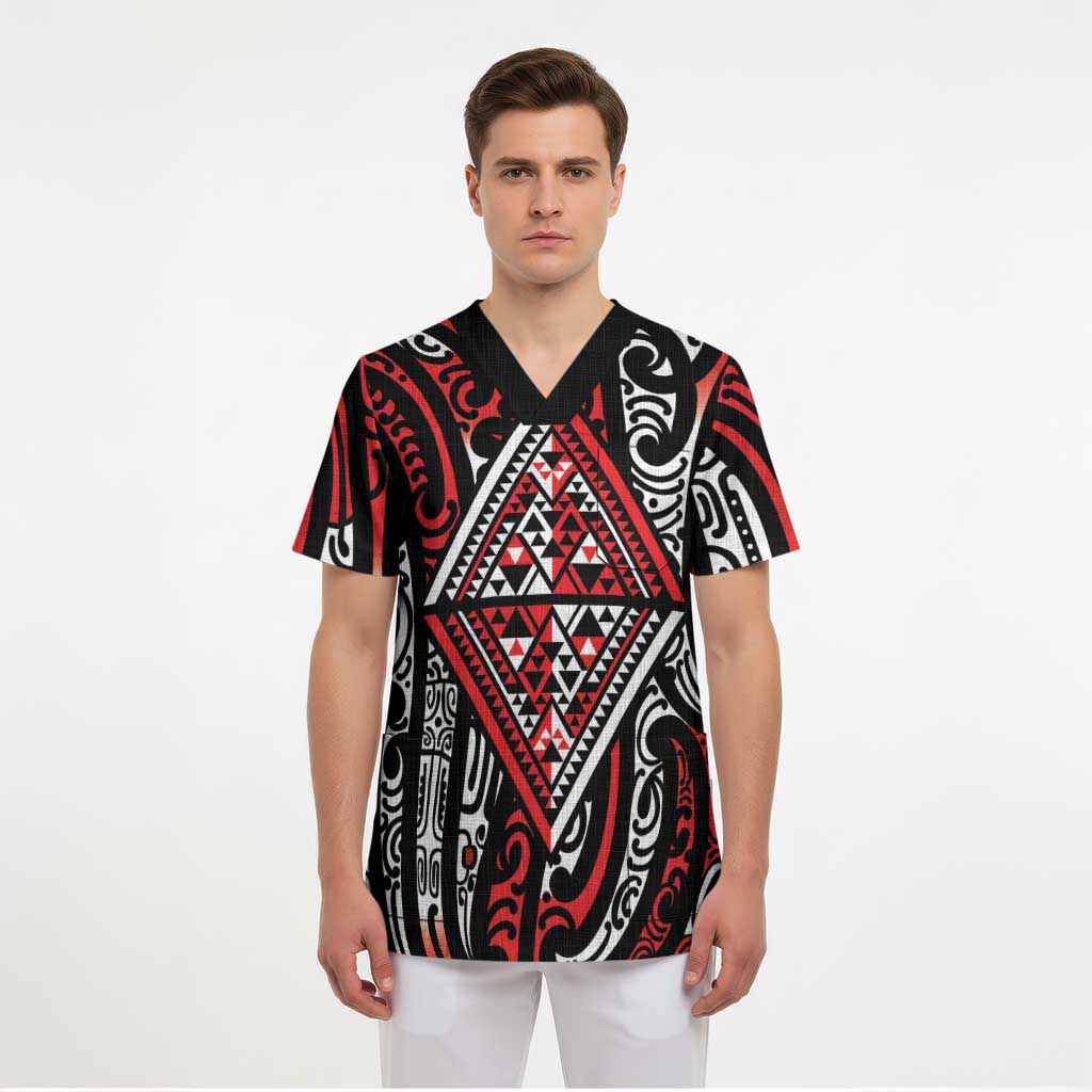 New Zealand Maori Taniko Scrub Top Red Kowhaiwhai Puhoro - Polynesian Pride