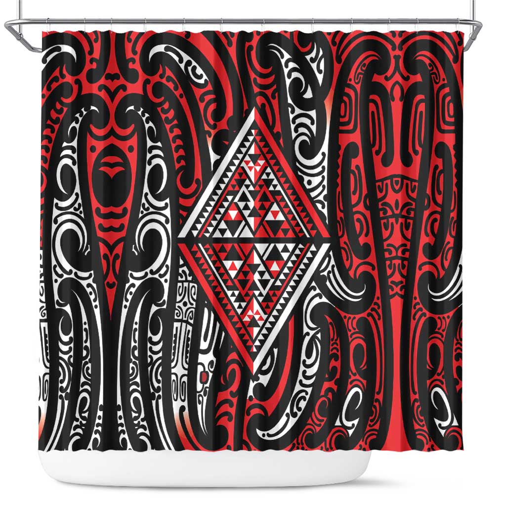 New Zealand Maori Taniko Shower Curtain Red Kowhaiwhai Puhoro