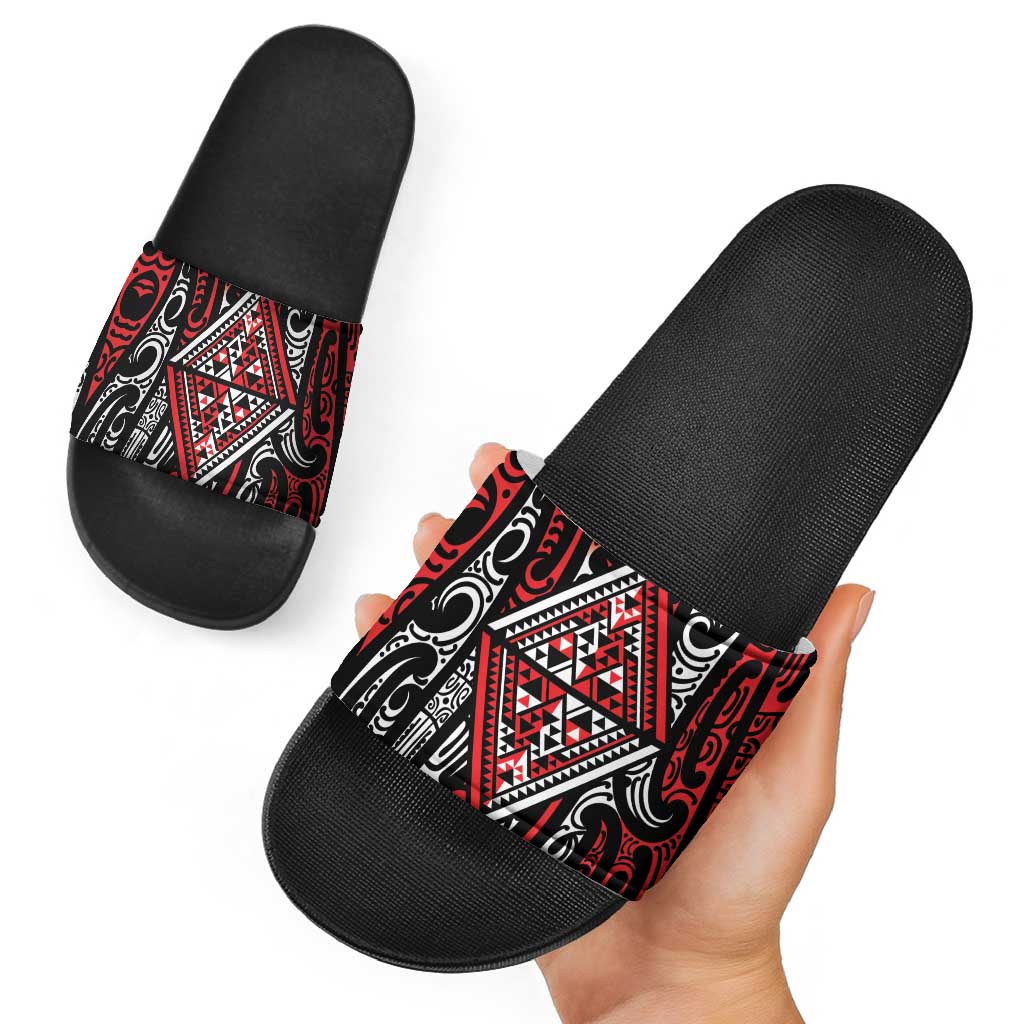 New Zealand Maori Taniko Slide Sandals Red Kowhaiwhai Puhoro - Polynesian Pride