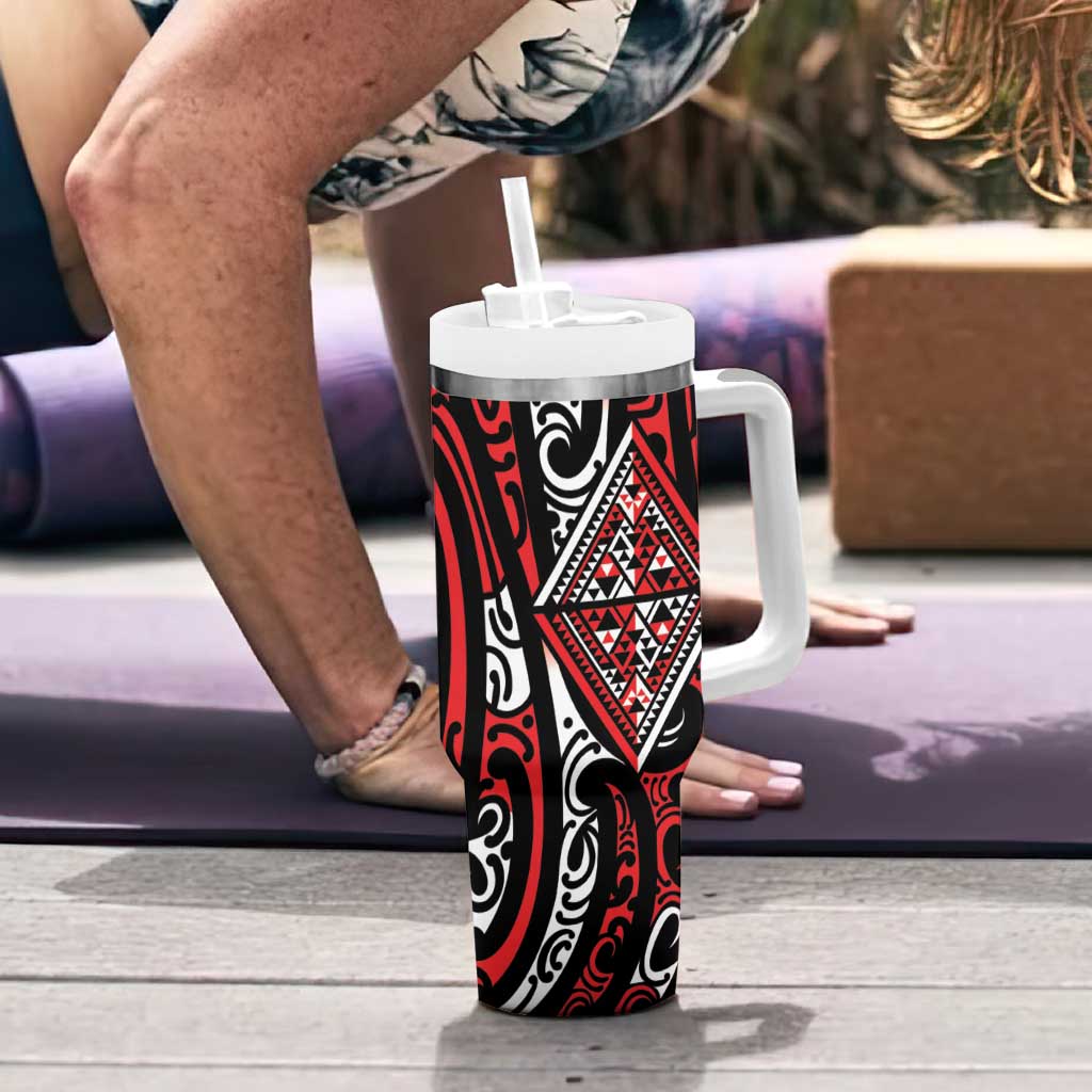 New Zealand Maori Taniko Tumbler With Handle Red Kowhaiwhai Puhoro