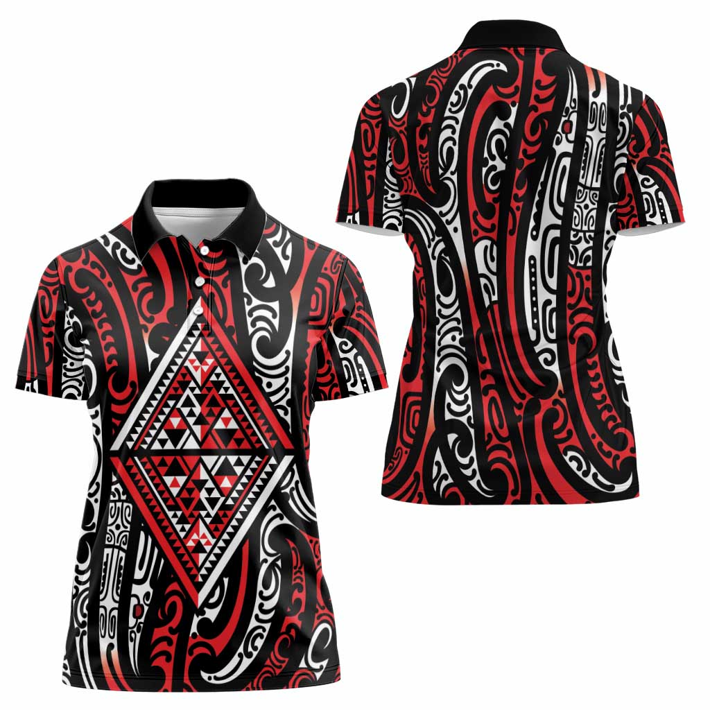 New Zealand Maori Taniko Women Polo Shirt Red Kowhaiwhai Puhoro LT9 - Polynesian Pride