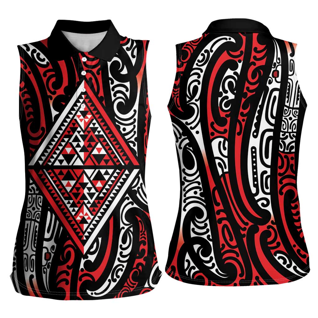 New Zealand Maori Taniko Women Sleeveless Polo Shirt Red Kowhaiwhai Puhoro LT9 - Polynesian Pride