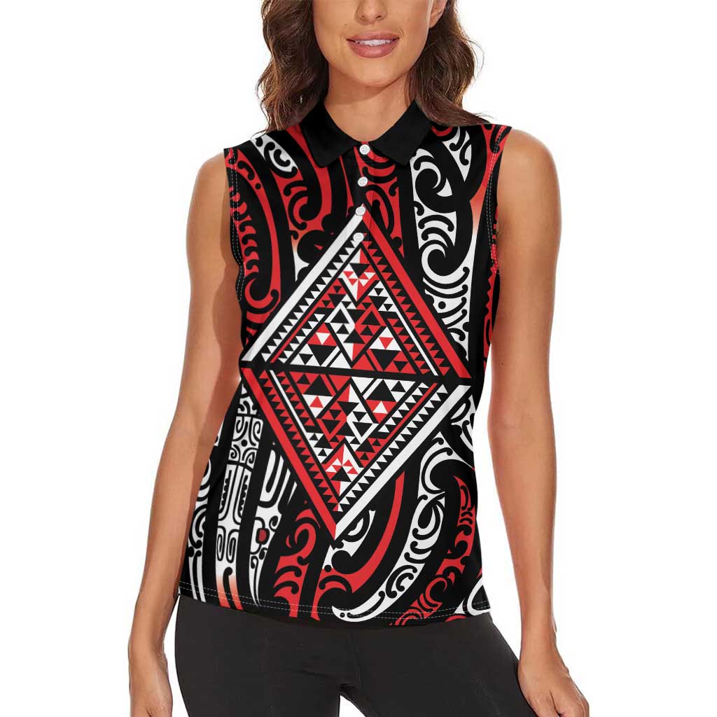 New Zealand Maori Taniko Women Sleeveless Polo Shirt Red Kowhaiwhai Puhoro LT9 - Polynesian Pride