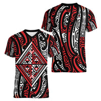 New Zealand Maori Taniko Women V-Neck T-Shirt Red Kowhaiwhai Puhoro LT9 - Polynesian Pride