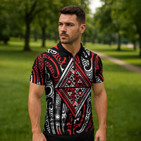 New Zealand Maori Taniko Zipper Polo Shirt Red Kowhaiwhai Puhoro - Polynesian Pride