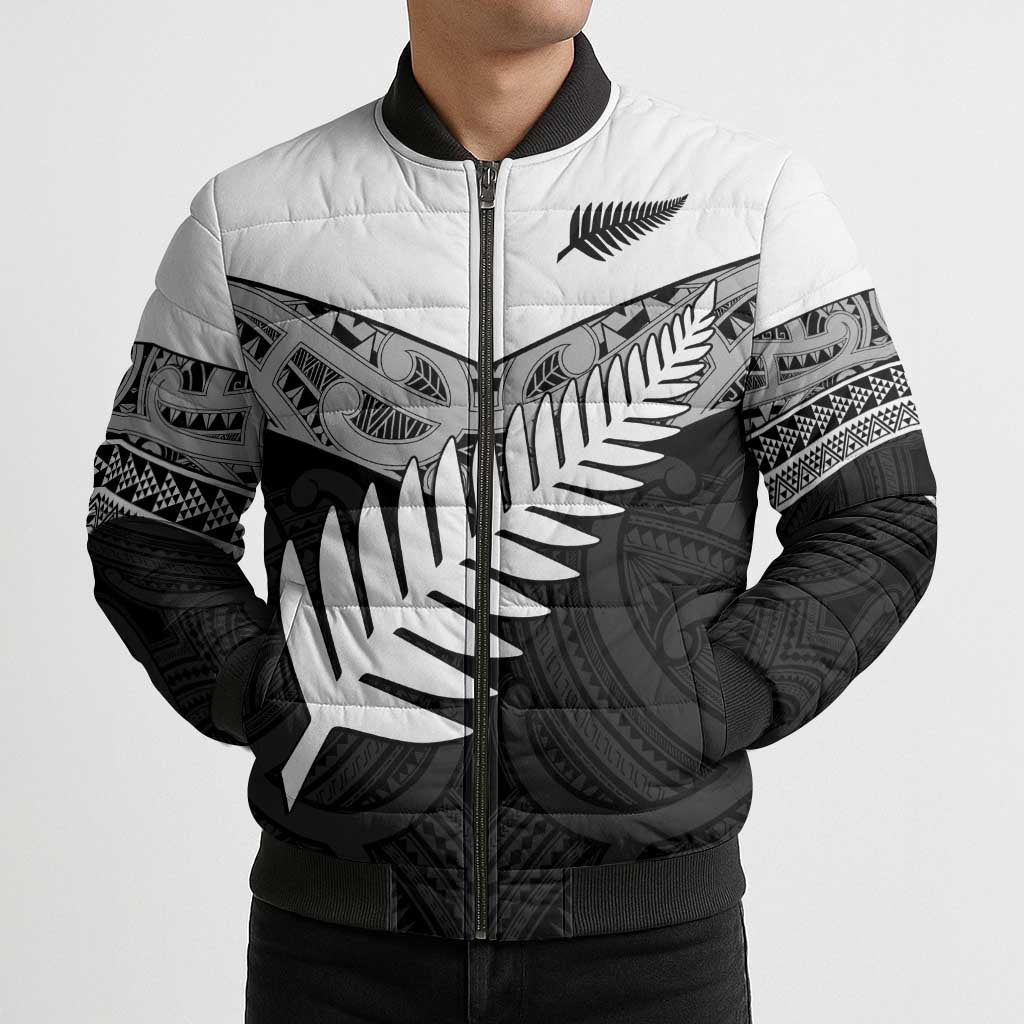 New Zealand Silver Fern Bomber Puffer Jacket Maori Koru Mixed Taniko Pattern - Polynesian Pride