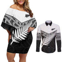 New Zealand Silver Fern Couples Matching Off Shoulder Short Dress and Long Sleeve Button Shirt Maori Koru Mixed Taniko Pattern LT9 White - Polynesian Pride