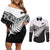 New Zealand Silver Fern Couples Matching Off Shoulder Short Dress and Long Sleeve Button Shirt Maori Koru Mixed Taniko Pattern