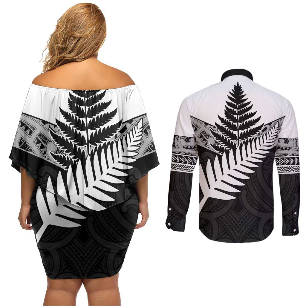 New Zealand Silver Fern Couples Matching Off Shoulder Short Dress and Long Sleeve Button Shirt Maori Koru Mixed Taniko Pattern LT9 - Polynesian Pride