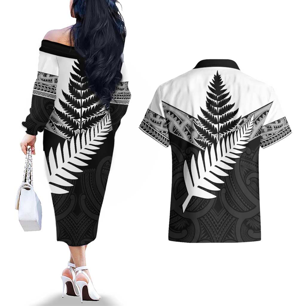 New Zealand Silver Fern Couples Matching Off The Shoulder Long Sleeve Dress and Hawaiian Shirt Maori Koru Mixed Taniko Pattern LT9 - Polynesian Pride