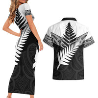 New Zealand Silver Fern Couples Matching Short Sleeve Bodycon Dress and Hawaiian Shirt Maori Koru Mixed Taniko Pattern LT9 - Polynesian Pride