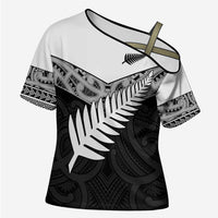 New Zealand Silver Fern Cross Shoulder Shirt Maori Koru Mixed Taniko Pattern - Polynesian Pride