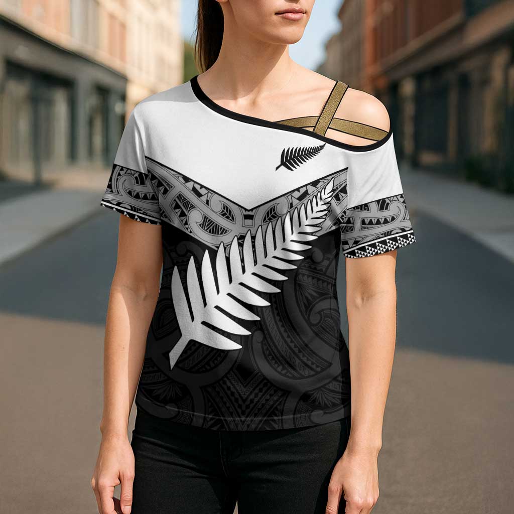 New Zealand Silver Fern Cross Shoulder Shirt Maori Koru Mixed Taniko Pattern - Polynesian Pride