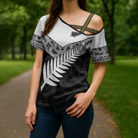 New Zealand Silver Fern Cross Shoulder Shirt Maori Koru Mixed Taniko Pattern - Polynesian Pride