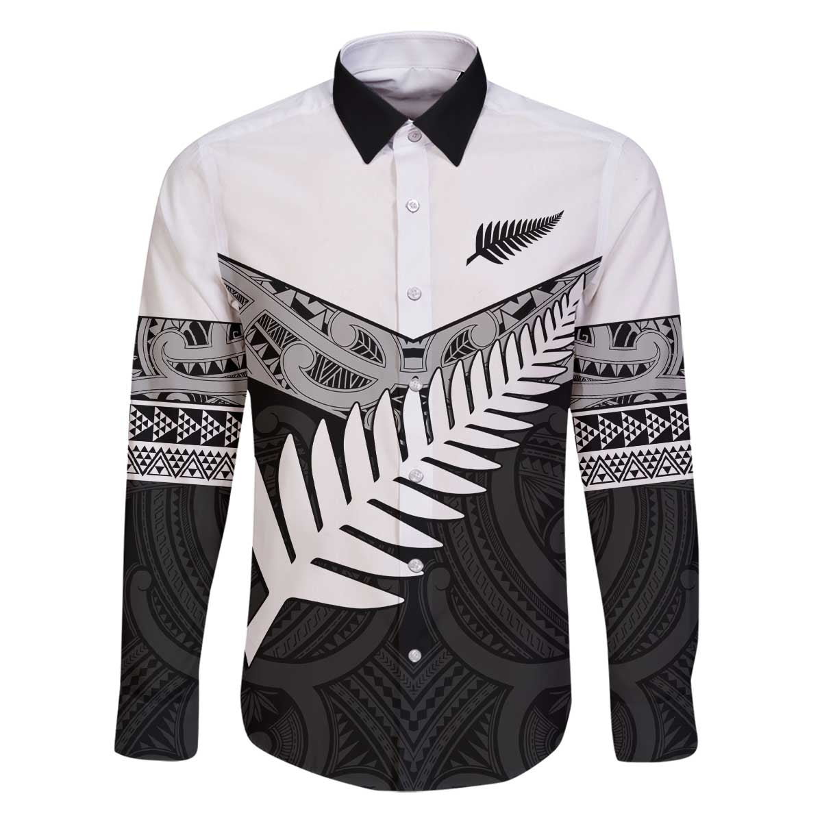 New Zealand Silver Fern Family Matching Off The Shoulder Long Sleeve Dress and Hawaiian Shirt Maori Koru Mixed Taniko Pattern LT9 Dad's Shirt - Long Sleeve White - Polynesian Pride