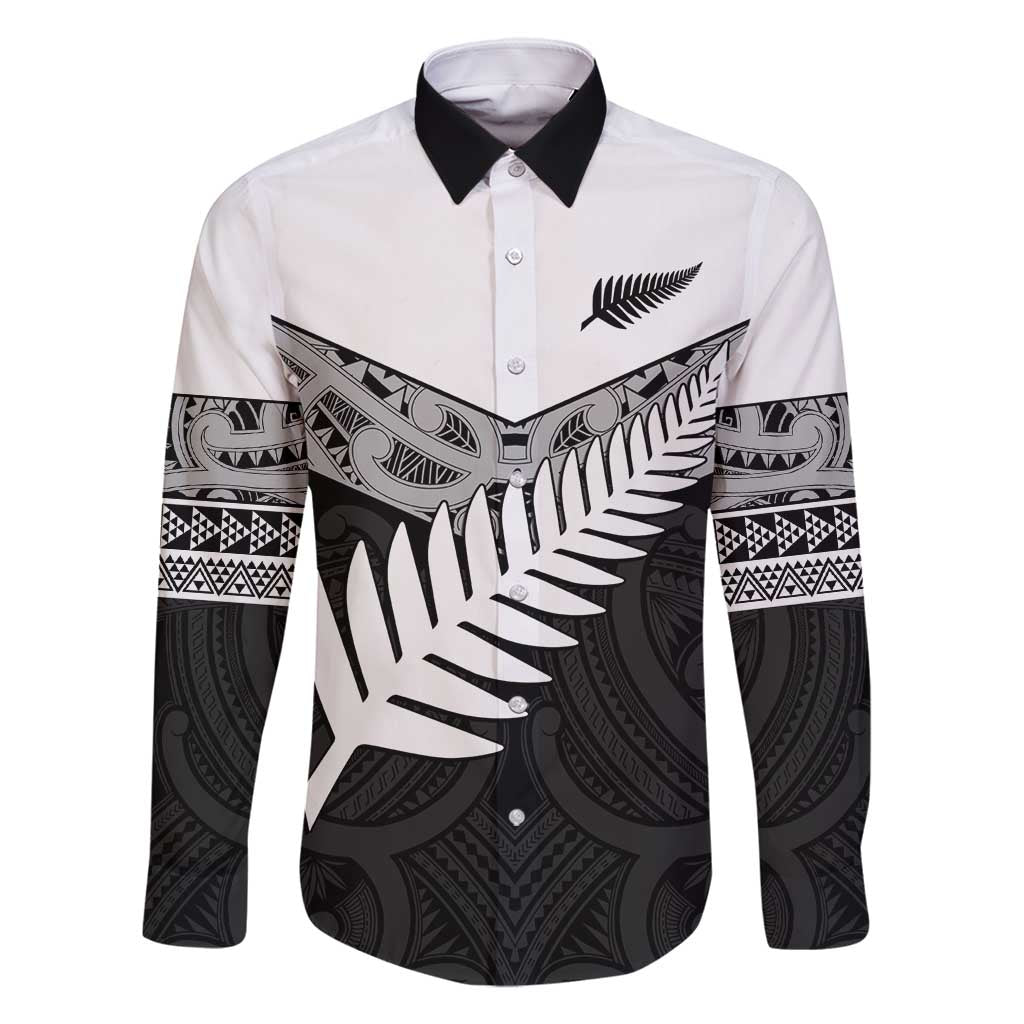 New Zealand Silver Fern Family Matching Off Shoulder Maxi Dress and Hawaiian Shirt Maori Koru Mixed Taniko Pattern LT9 Dad's Shirt - Long Sleeve White - Polynesian Pride