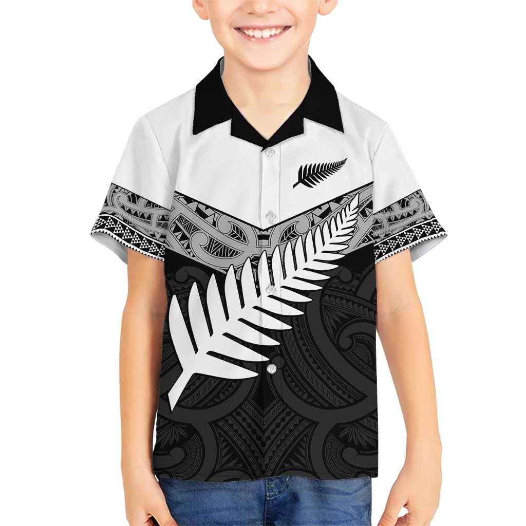 New Zealand Silver Fern Family Matching Off Shoulder Maxi Dress and Hawaiian Shirt Maori Koru Mixed Taniko Pattern LT9 Son's Shirt White - Polynesian Pride