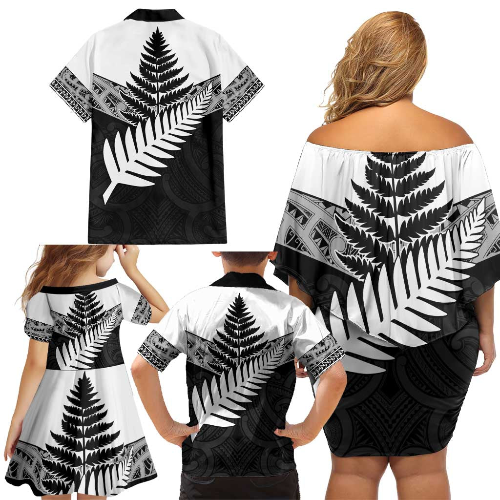 New Zealand Silver Fern Family Matching Off Shoulder Short Dress and Hawaiian Shirt Maori Koru Mixed Taniko Pattern LT9 - Polynesian Pride