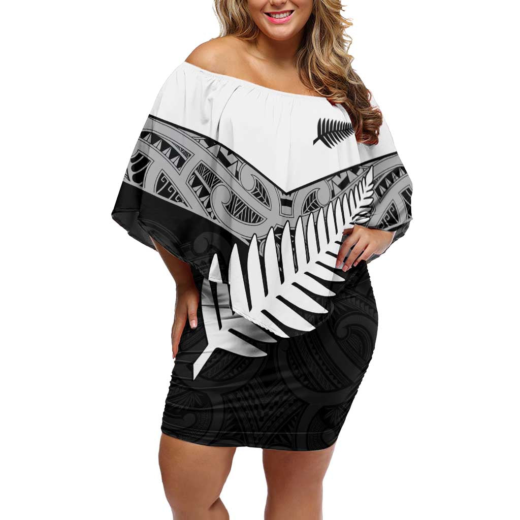 New Zealand Silver Fern Family Matching Off Shoulder Short Dress and Hawaiian Shirt Maori Koru Mixed Taniko Pattern LT9 Mom's Dress White - Polynesian Pride