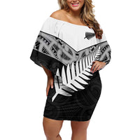 New Zealand Silver Fern Family Matching Off Shoulder Short Dress and Hawaiian Shirt Maori Koru Mixed Taniko Pattern LT9 Mom's Dress White - Polynesian Pride