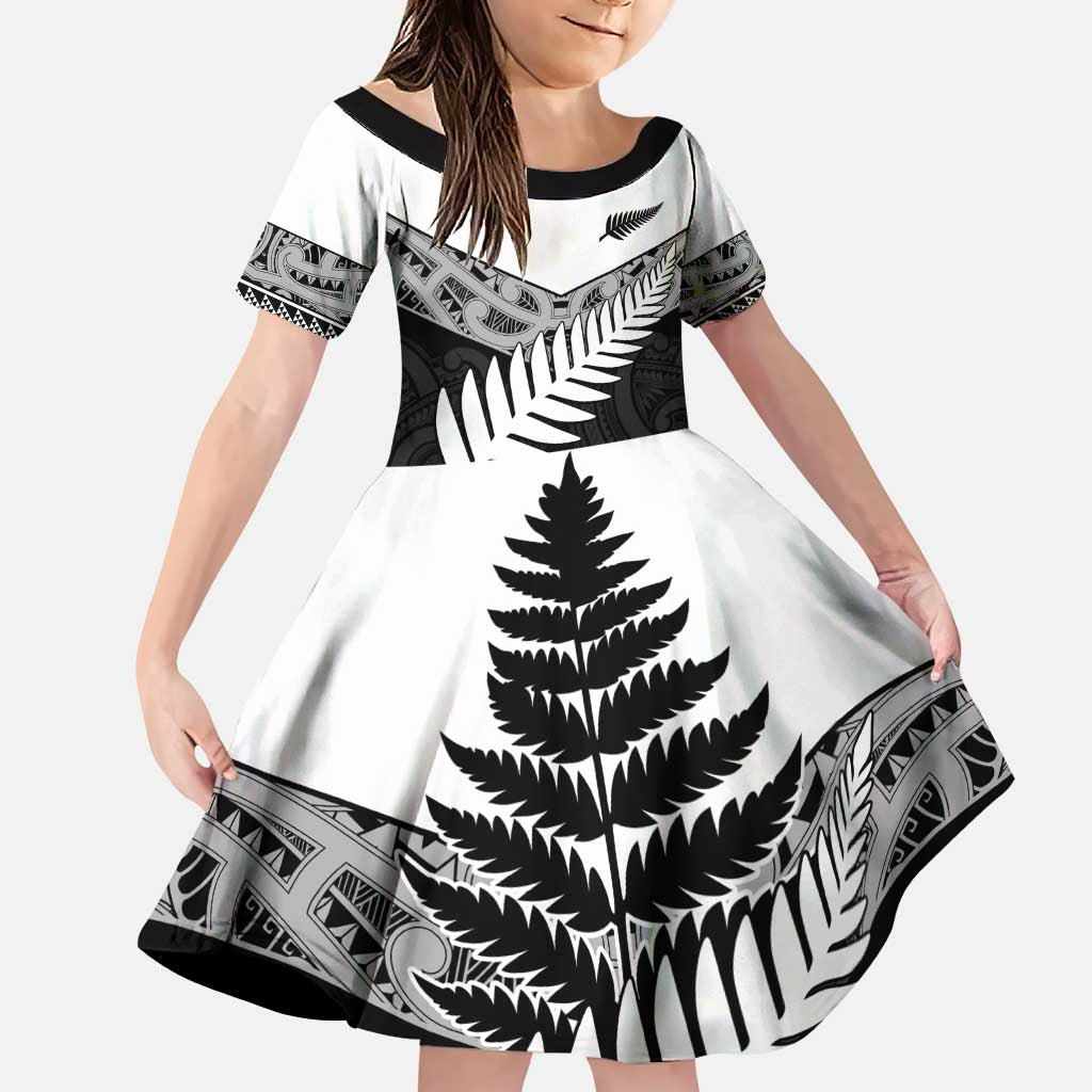 New Zealand Silver Fern Family Matching Puletasi and Hawaiian Shirt Maori Koru Mixed Taniko Pattern LT9 Daughter's Dress White - Polynesian Pride