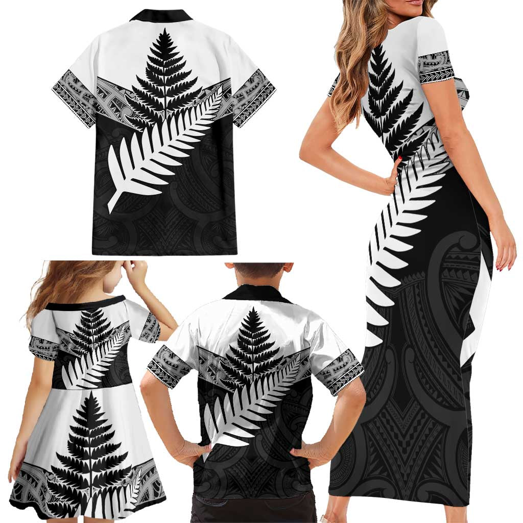 New Zealand Silver Fern Family Matching Short Sleeve Bodycon Dress and Hawaiian Shirt Maori Koru Mixed Taniko Pattern