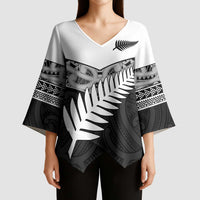 New Zealand Silver Fern Kimono Sleeve Blouse Maori Koru Mixed Taniko Pattern - Polynesian Pride