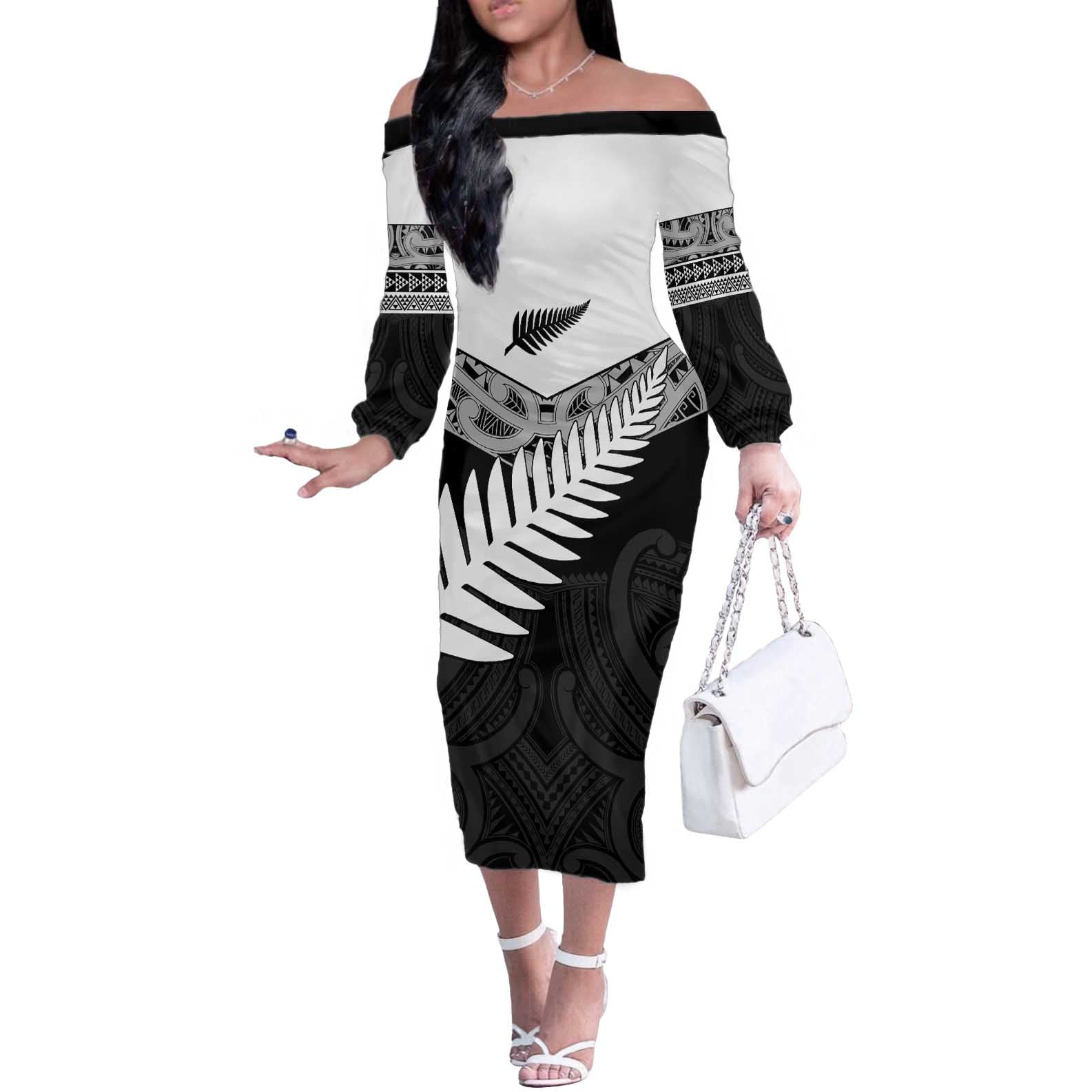 New Zealand Silver Fern Off The Shoulder Long Sleeve Dress Maori Koru Mixed Taniko Pattern