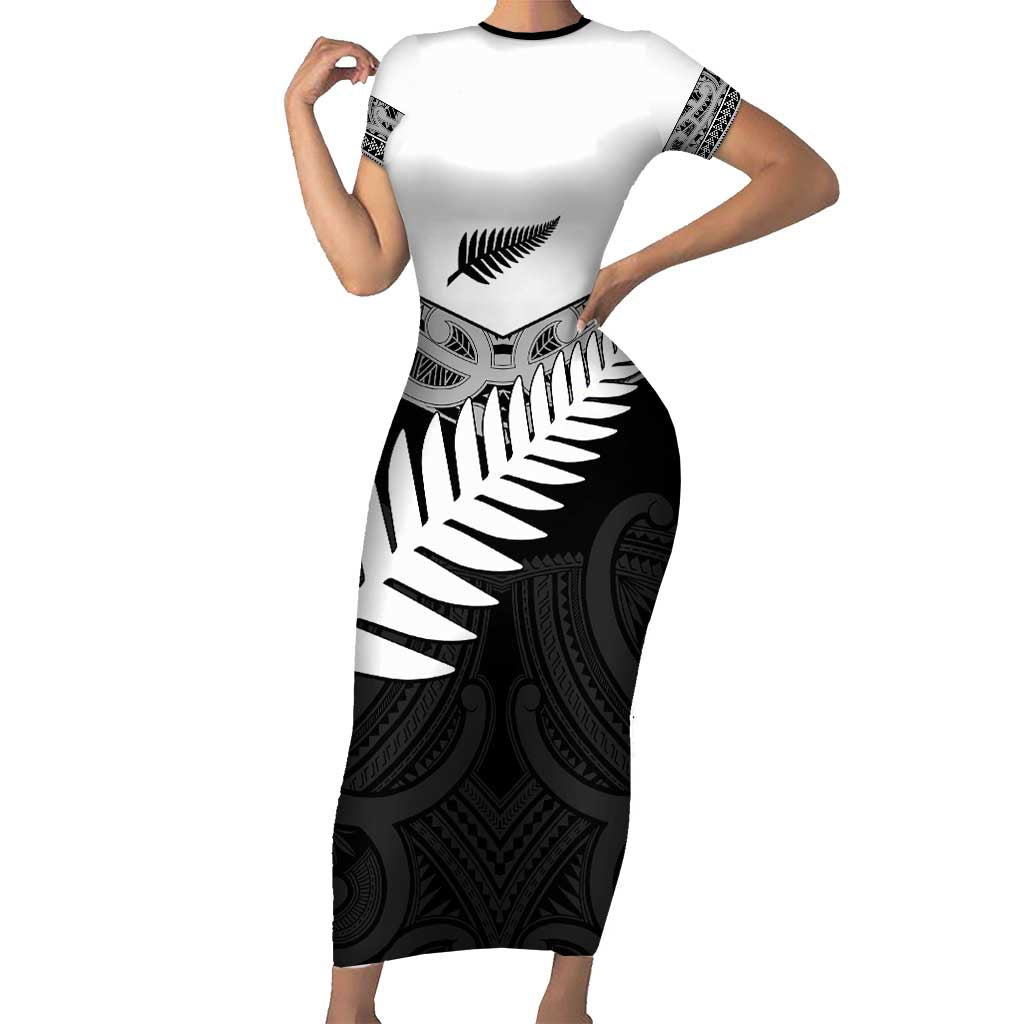 New Zealand Silver Fern Short Sleeve Bodycon Dress Maori Koru Mixed Taniko Pattern