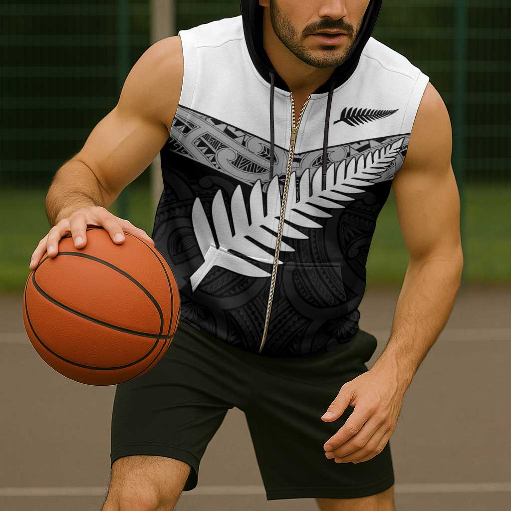 New Zealand Silver Fern Sleeveless Zip Hoodie Maori Koru Mixed Taniko Pattern - Polynesian Pride