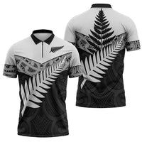 New Zealand Silver Fern Zipper Polo Shirt Maori Koru Mixed Taniko Pattern - Polynesian Pride