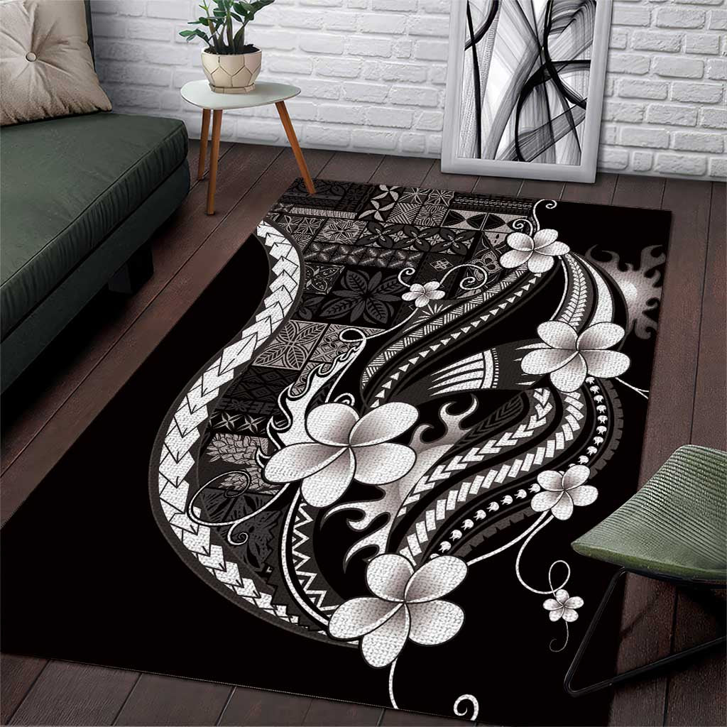 Samoa Siapo Tribal Pattern Area Rug Black Polynesian Plumeria Tapa Motif