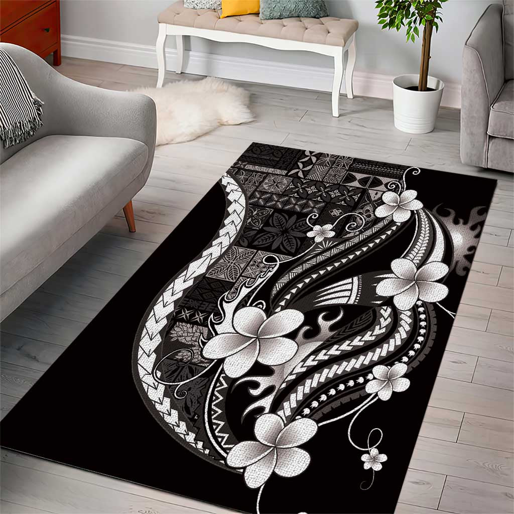Samoa Siapo Tribal Pattern Area Rug Black Polynesian Plumeria Tapa Motif