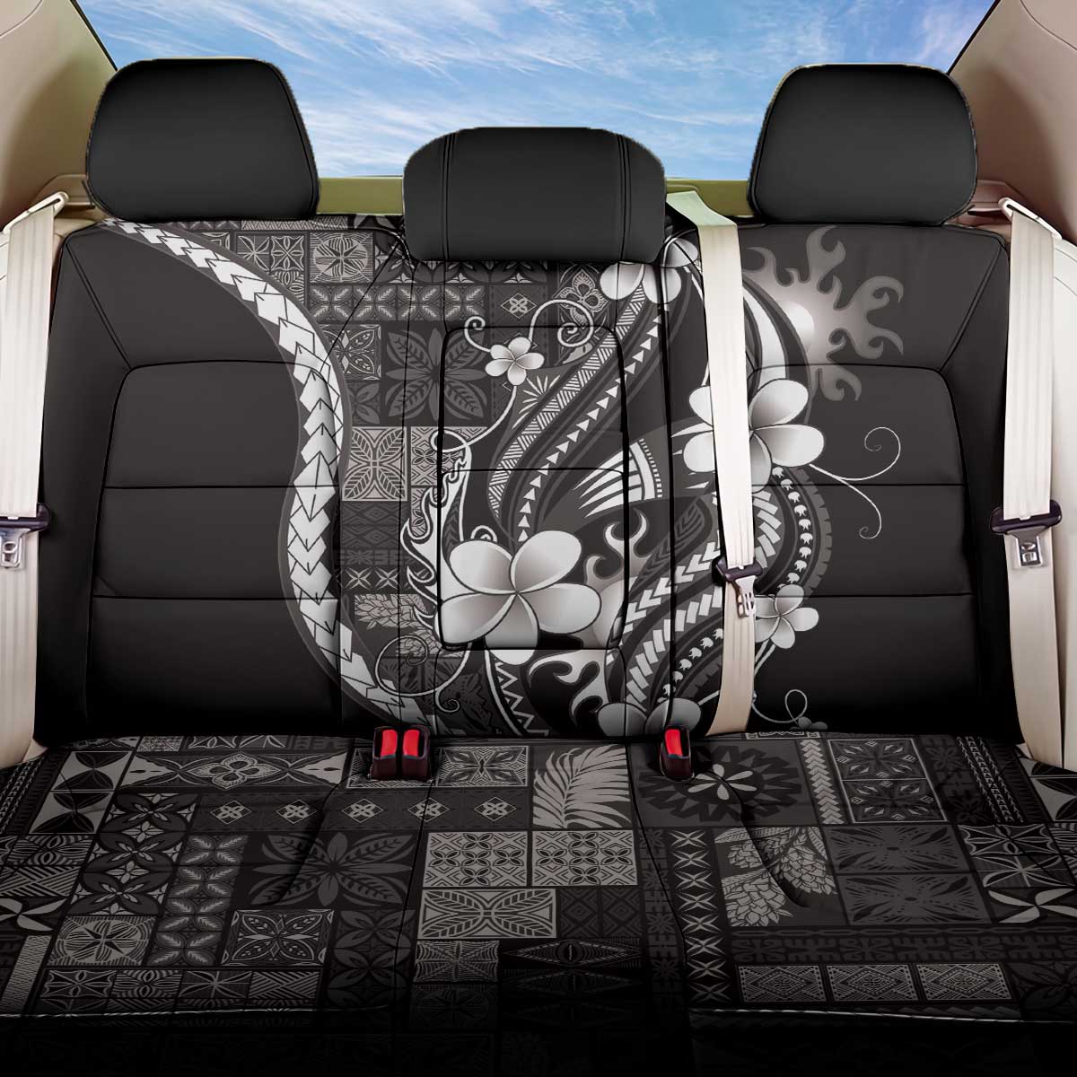 Samoa Siapo Tribal Pattern Back Car Seat Cover Black Polynesian Plumeria Tapa Motif