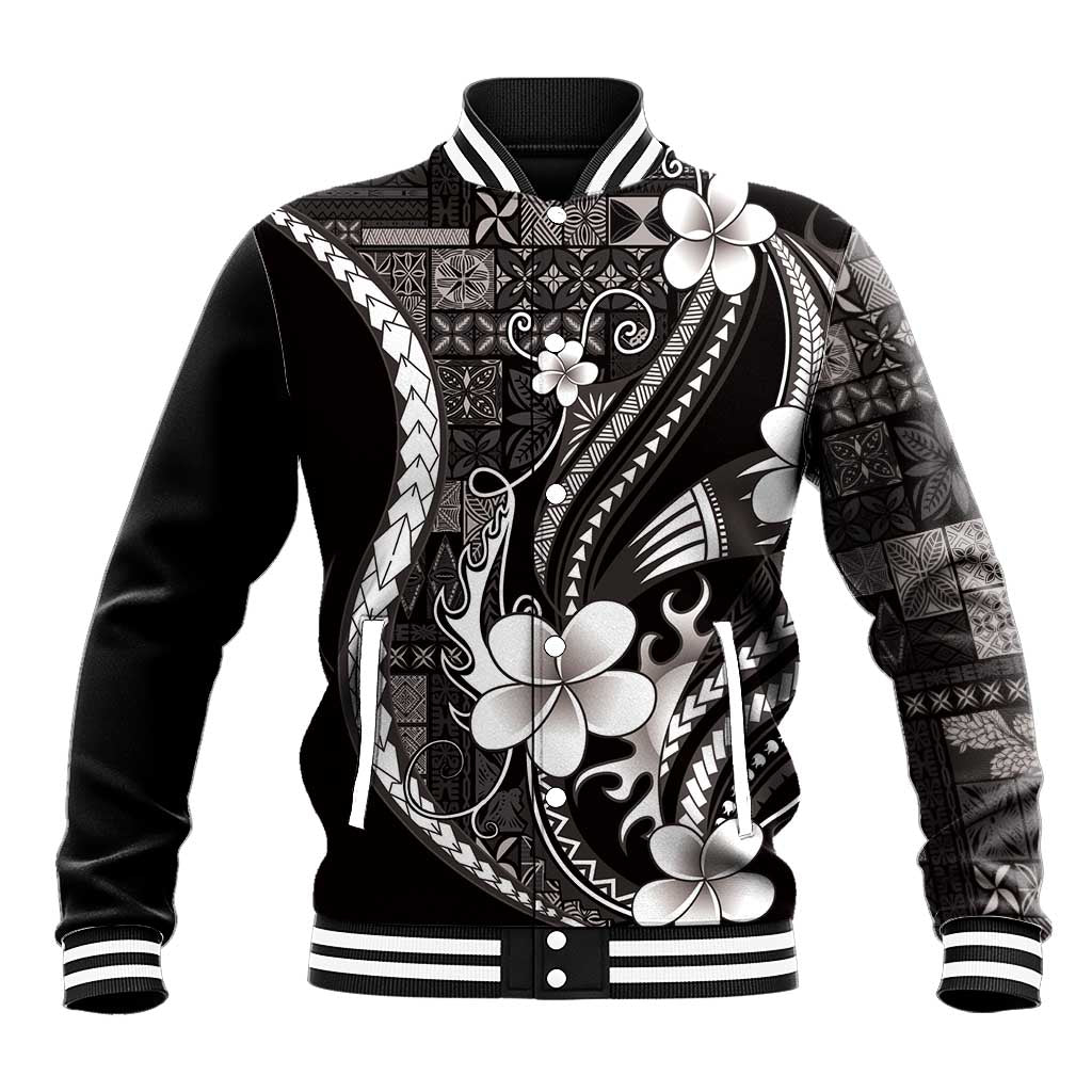 Samoa Siapo Tribal Pattern Baseball Jacket Black Polynesian Plumeria Tapa Motif