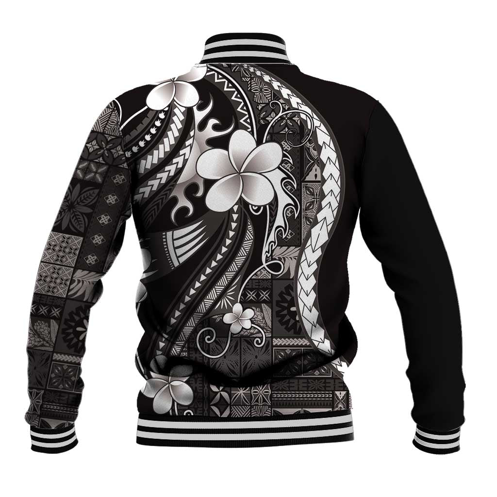 Samoa Siapo Tribal Pattern Baseball Jacket Black Polynesian Plumeria Tapa Motif