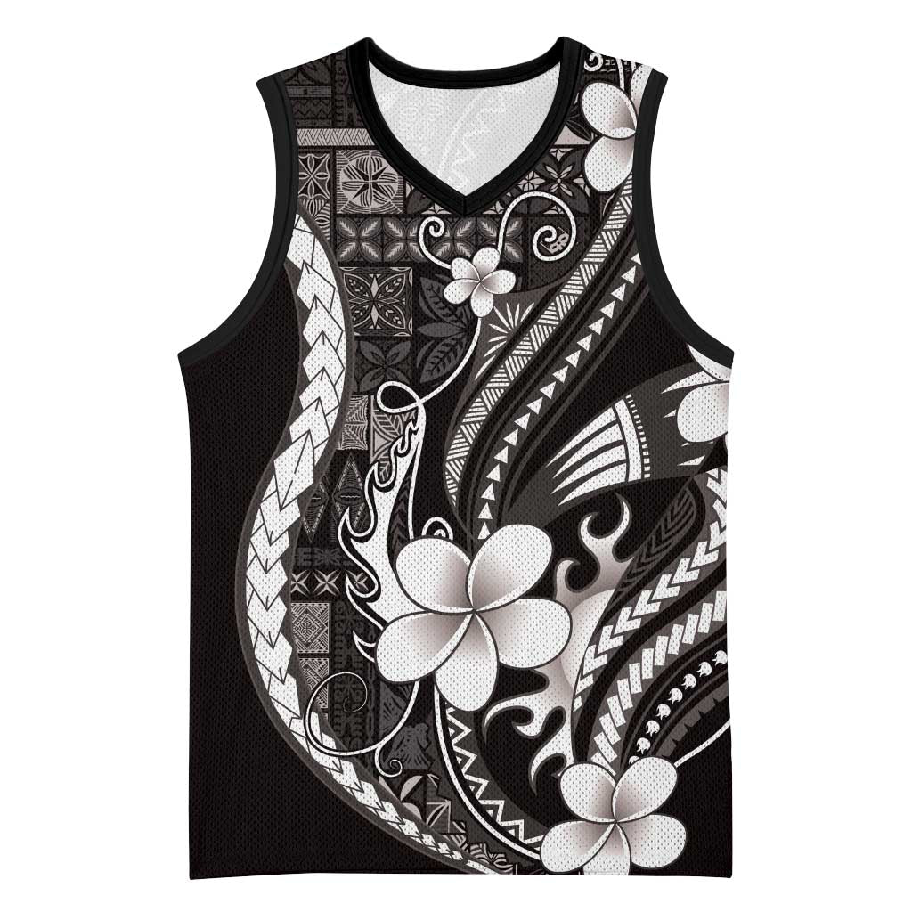 Samoa Siapo Tribal Pattern Basketball Jersey Black Polynesian Plumeria Tapa Motif
