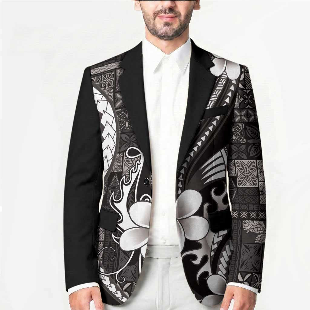 Samoa Siapo Tribal Pattern Blazer Black Polynesian Plumeria Tapa Motif