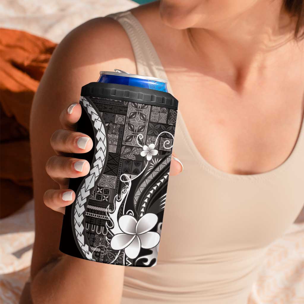 Samoa Siapo Tribal Pattern 4 in 1 Can Cooler Tumbler Black Polynesian Plumeria Tapa Motif