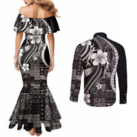 Samoa Siapo Tribal Pattern Couples Matching Mermaid Dress and Long Sleeve Button Shirt Black Polynesian Plumeria Tapa Motif
