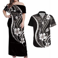 Samoa Siapo Tribal Pattern Couples Matching Off Shoulder Maxi Dress and Hawaiian Shirt Black Polynesian Plumeria Tapa Motif