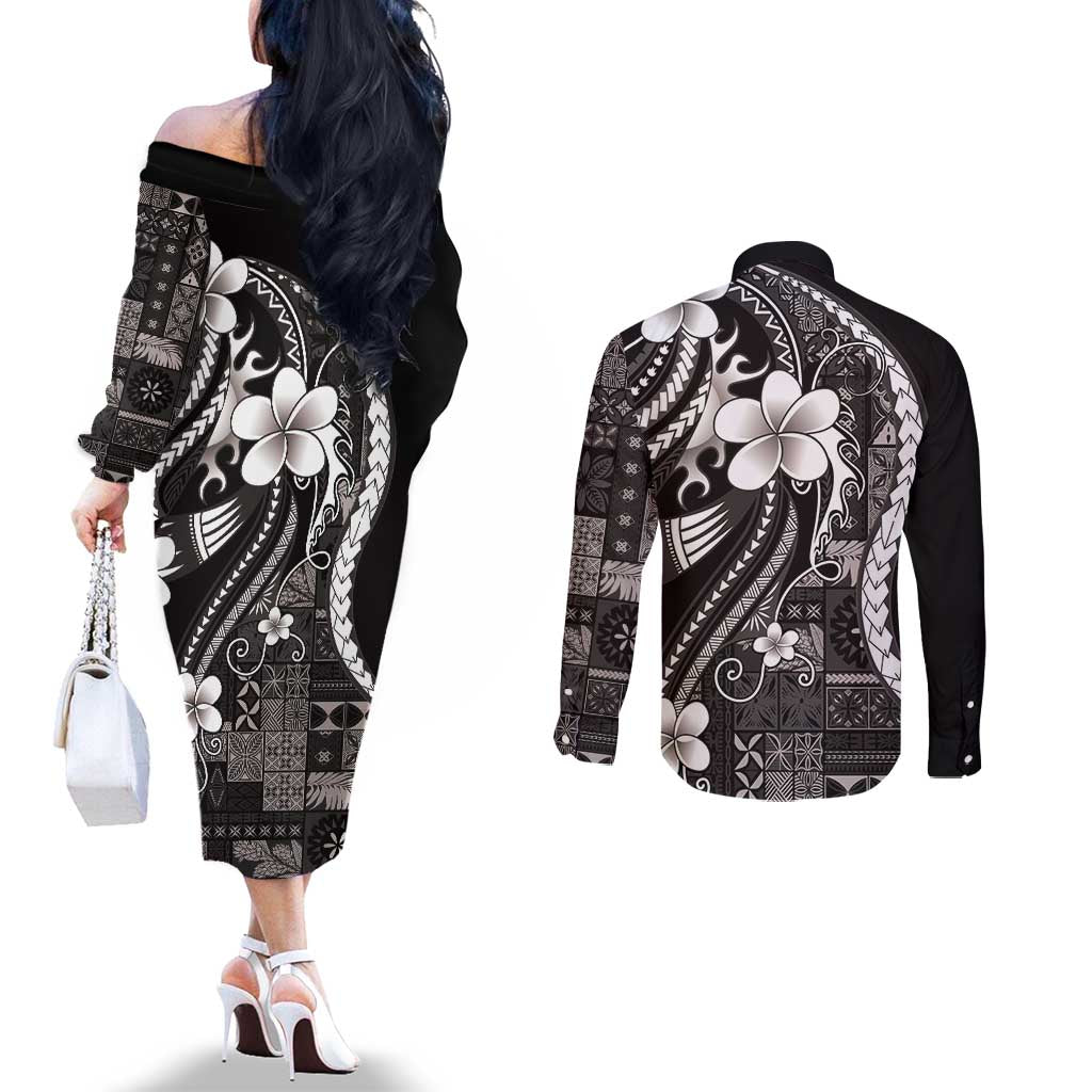 Samoa Siapo Tribal Pattern Couples Matching Off The Shoulder Long Sleeve Dress and Long Sleeve Button Shirt Black Polynesian Plumeria Tapa Motif