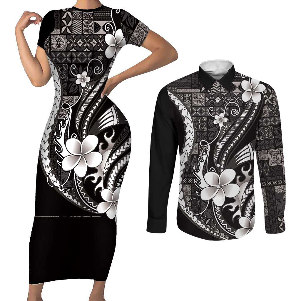 Samoa Siapo Tribal Pattern Couples Matching Short Sleeve Bodycon Dress and Long Sleeve Button Shirt Black Polynesian Plumeria Tapa Motif