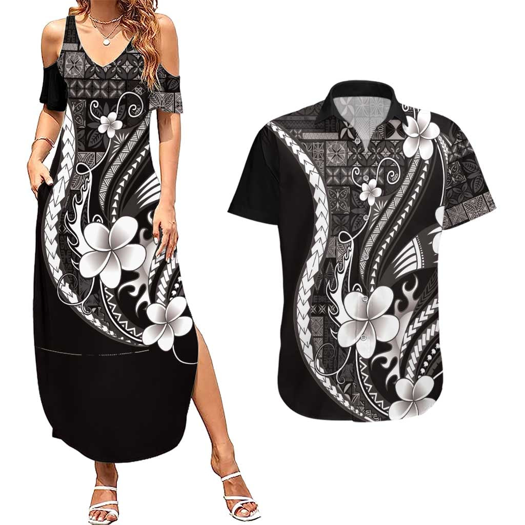 Samoa Siapo Tribal Pattern Couples Matching Summer Maxi Dress and Hawaiian Shirt Black Polynesian Plumeria Tapa Motif