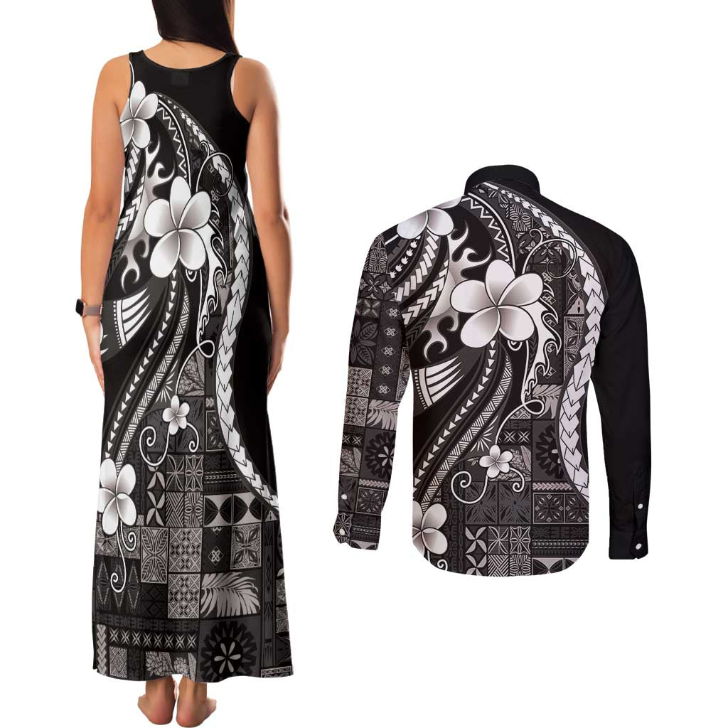 Samoa Siapo Tribal Pattern Couples Matching Tank Maxi Dress and Long Sleeve Button Shirt Black Polynesian Plumeria Tapa Motif