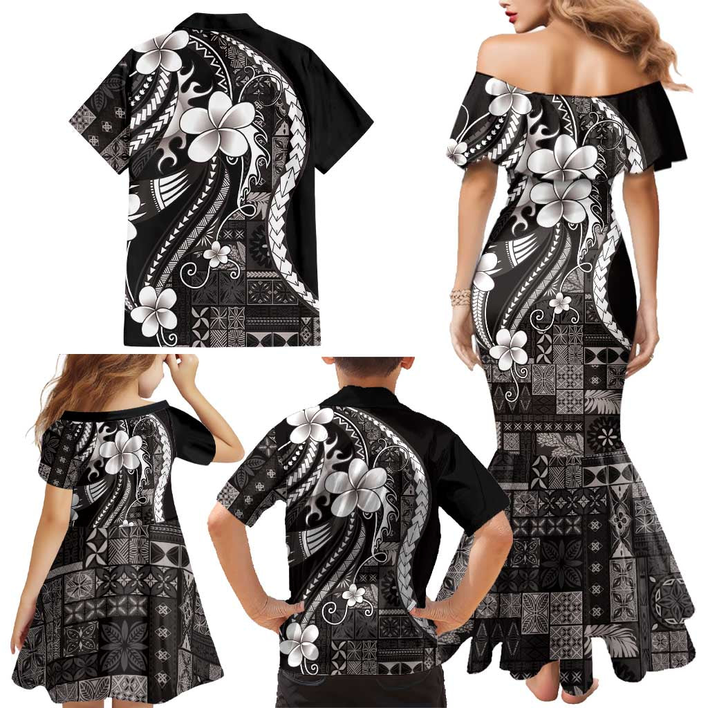 Samoa Siapo Tribal Pattern Family Matching Mermaid Dress and Hawaiian Shirt Black Polynesian Plumeria Tapa Motif LT9 - Polynesian Pride
