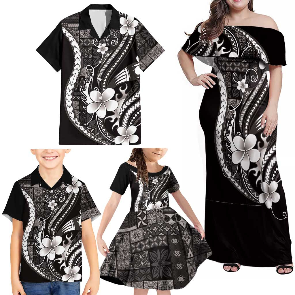 Samoa Siapo Tribal Pattern Family Matching Off Shoulder Maxi Dress and Hawaiian Shirt Black Polynesian Plumeria Tapa Motif