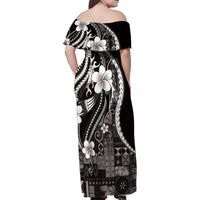 Samoa Siapo Tribal Pattern Family Matching Off Shoulder Maxi Dress and Hawaiian Shirt Black Polynesian Plumeria Tapa Motif LT9 - Polynesian Pride
