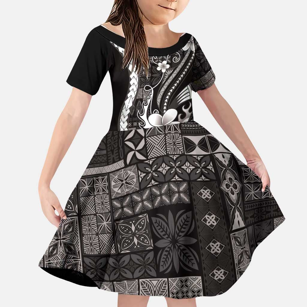 Samoa Siapo Tribal Pattern Family Matching Off Shoulder Short Dress and Hawaiian Shirt Black Polynesian Plumeria Tapa Motif LT9 Daughter's Dress Black - Polynesian Pride