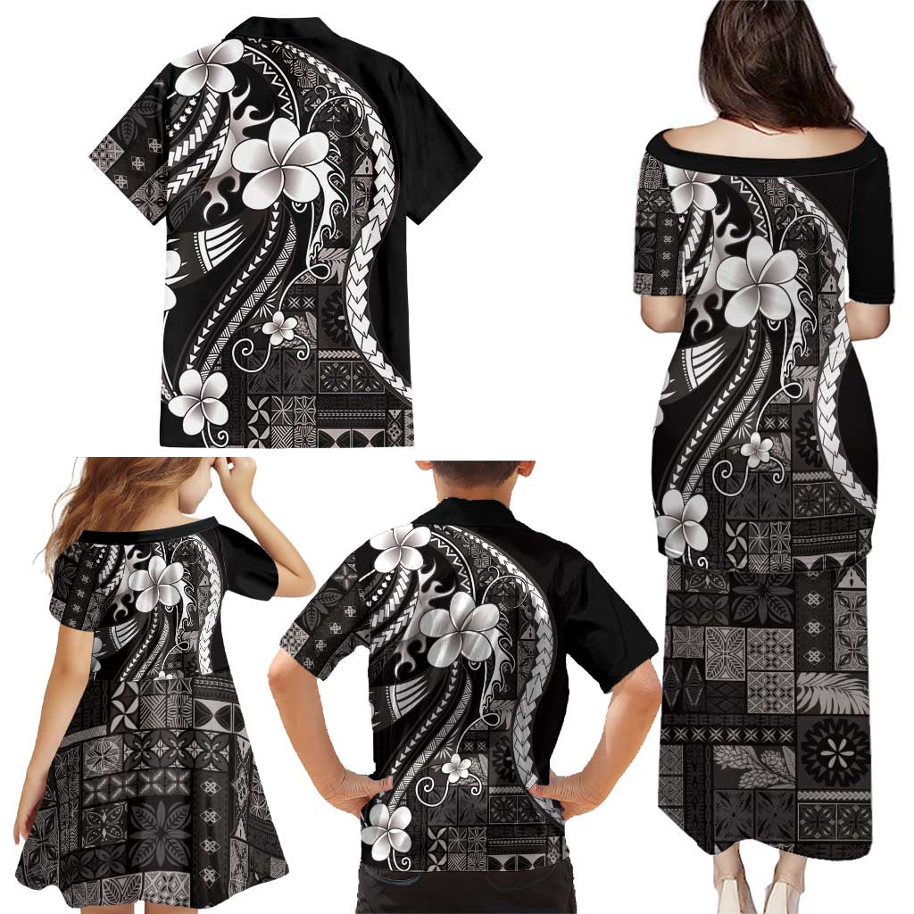 Samoa Siapo Tribal Pattern Family Matching Puletasi and Hawaiian Shirt Black Polynesian Plumeria Tapa Motif LT9 - Polynesian Pride